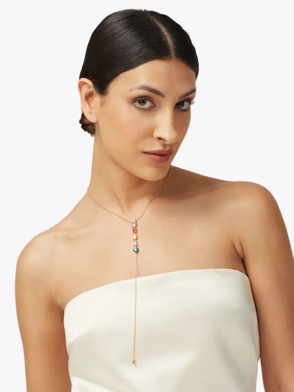 NEW Kurt Geiger Rainbow Mix Necklace Lariat Y Long Gold Chain Multicolor Crystal